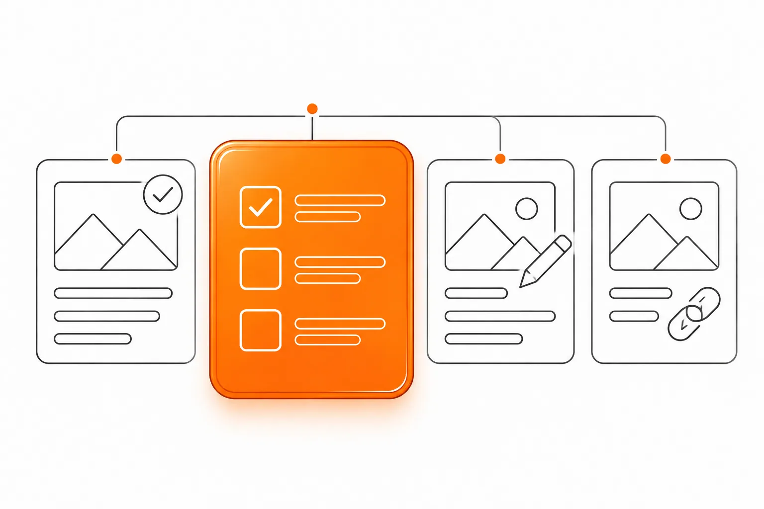 Website-Inventar mit orangefarbenem Glaspanel und Graphitlinien