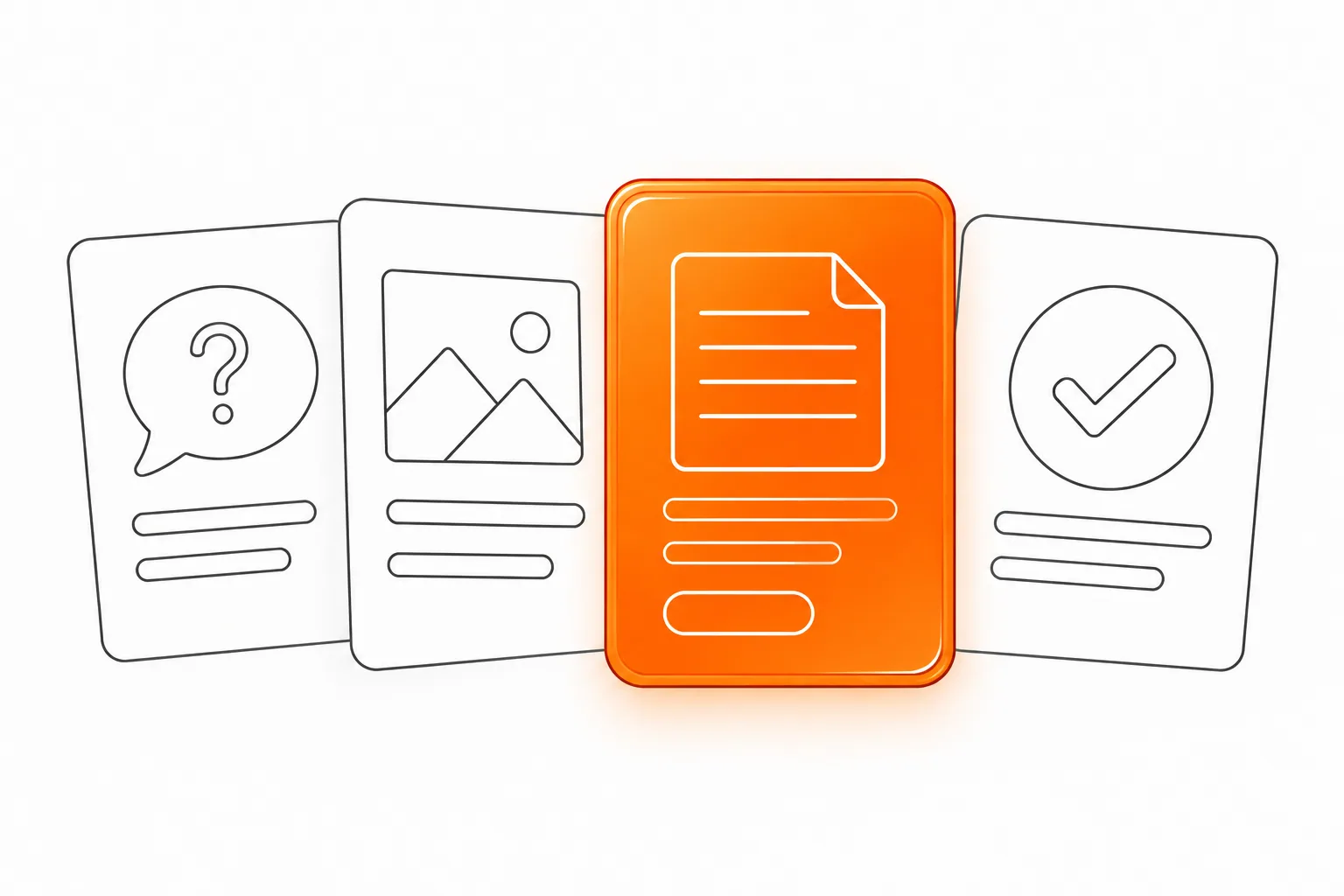 Orange glass panel and graphite linework arrange six panels into a project story.