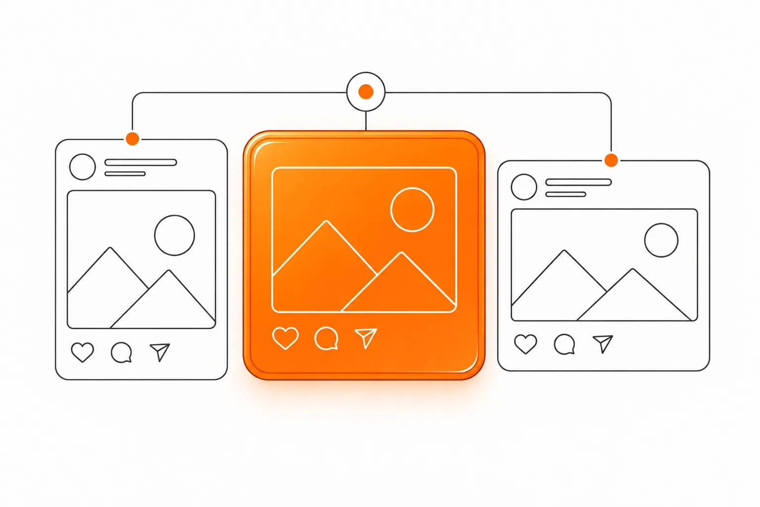 Orange glass panel and graphite linework link several social posts around one offer.