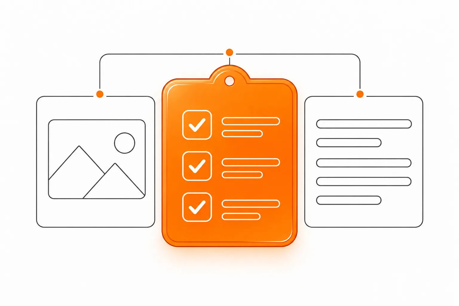 Orangefarbene Checkliste, verbunden mit Bild- und Textbausteinen