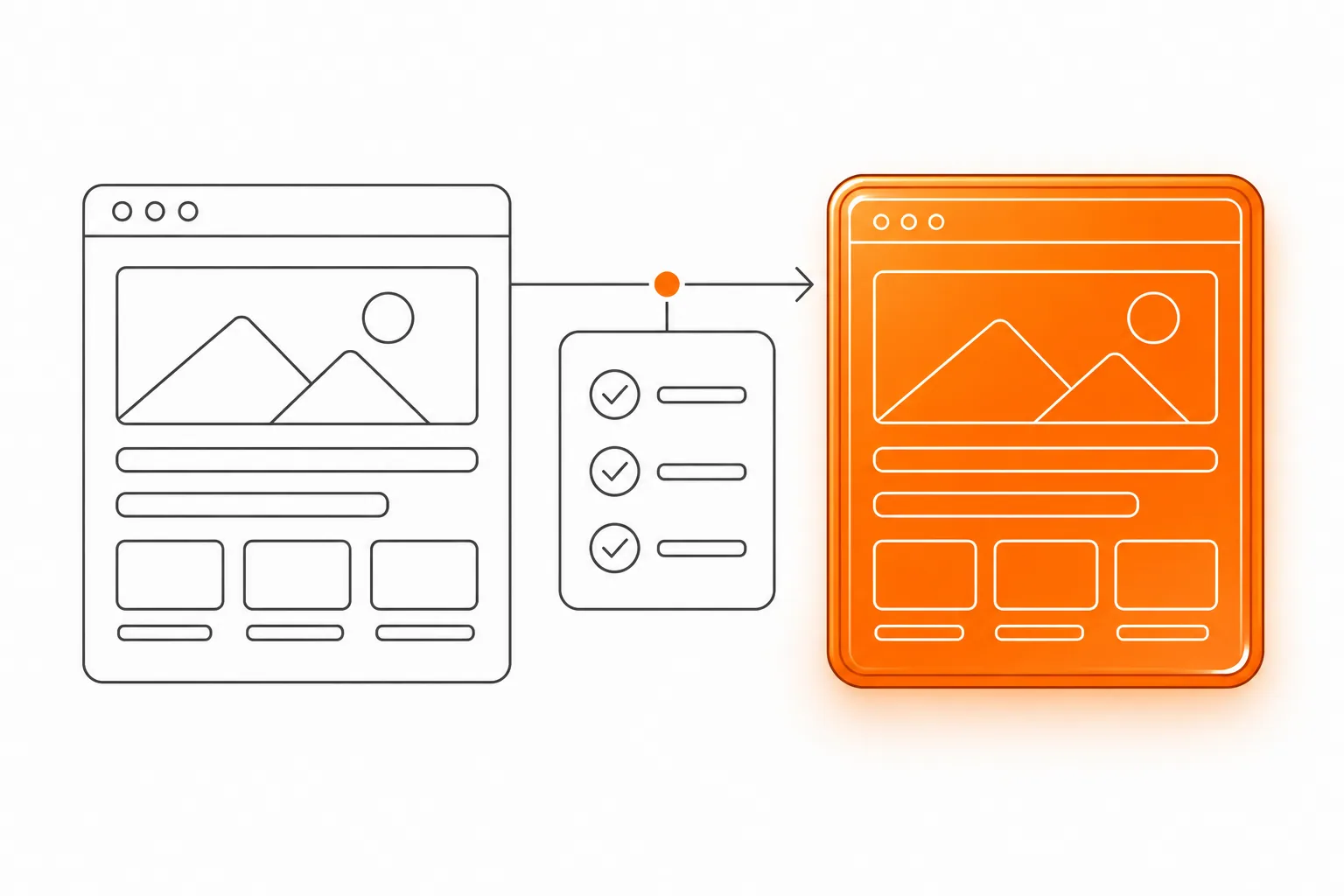 Relaunch-Arbeitsblatt mit orangefarbenem Glaspanel und Graphitlinien