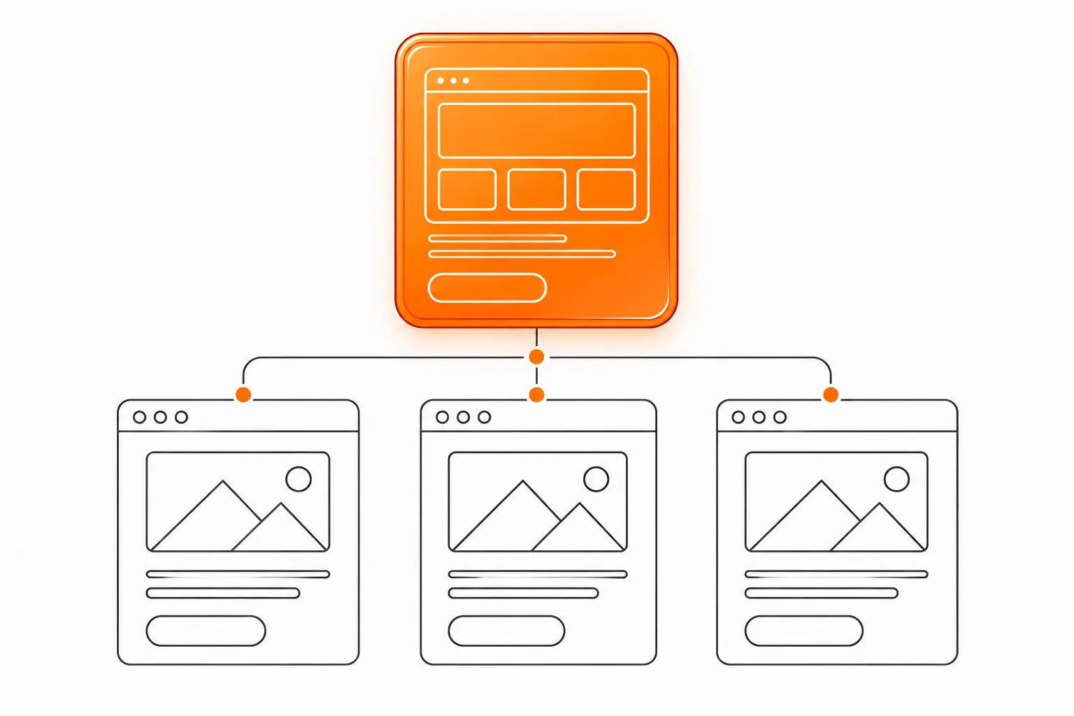 Orangefarbenes Glasfeld und Graphitlinien verbinden drei Leistungsseiten mit Kundenfragen