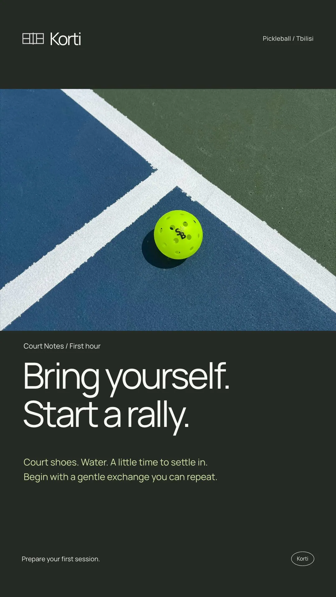 Korti vertical story with a pickleball-court photograph and first-session information