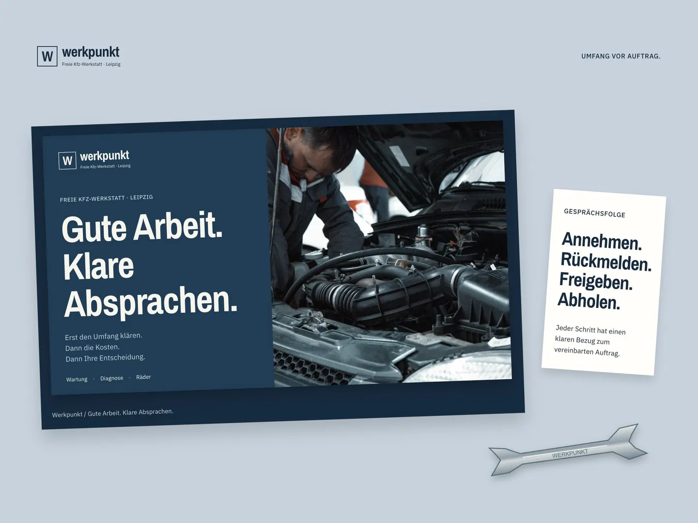 Werkpunkt layout combining a garage photograph and four service steps