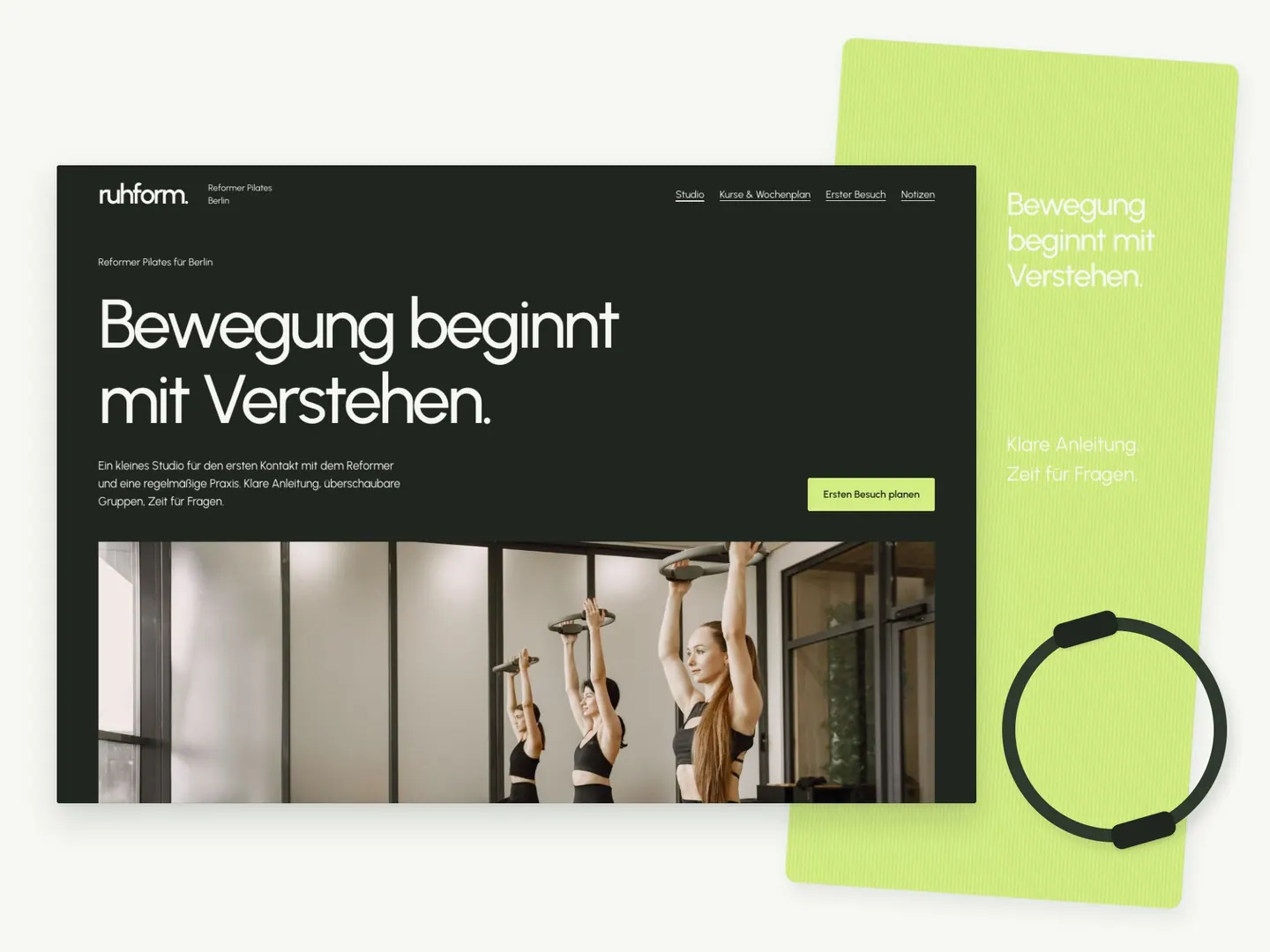 Ruhform website layout with a movement-class photograph and a first-visit action