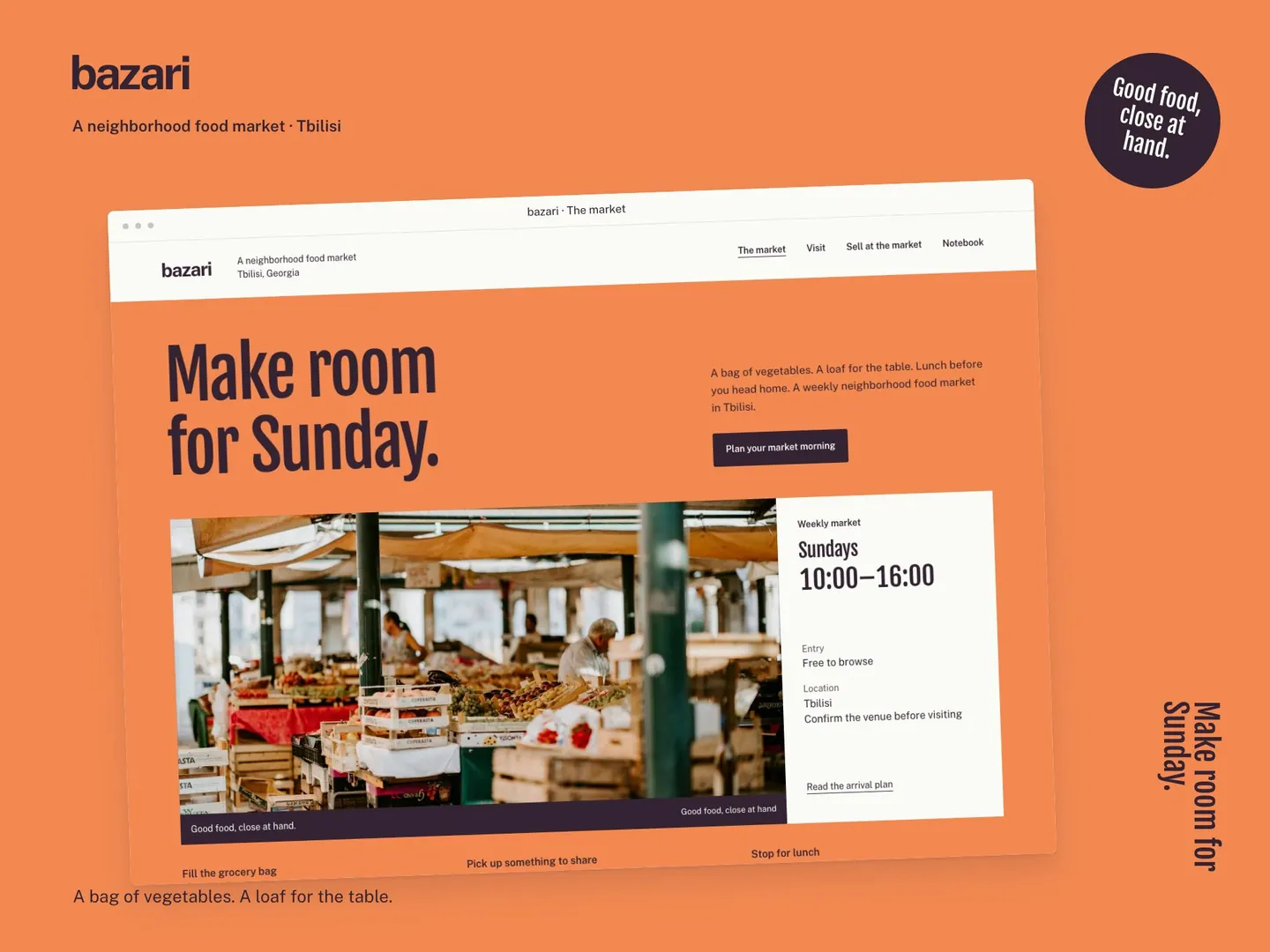 Bazari website layout with a market photograph, opening hours and a visit action