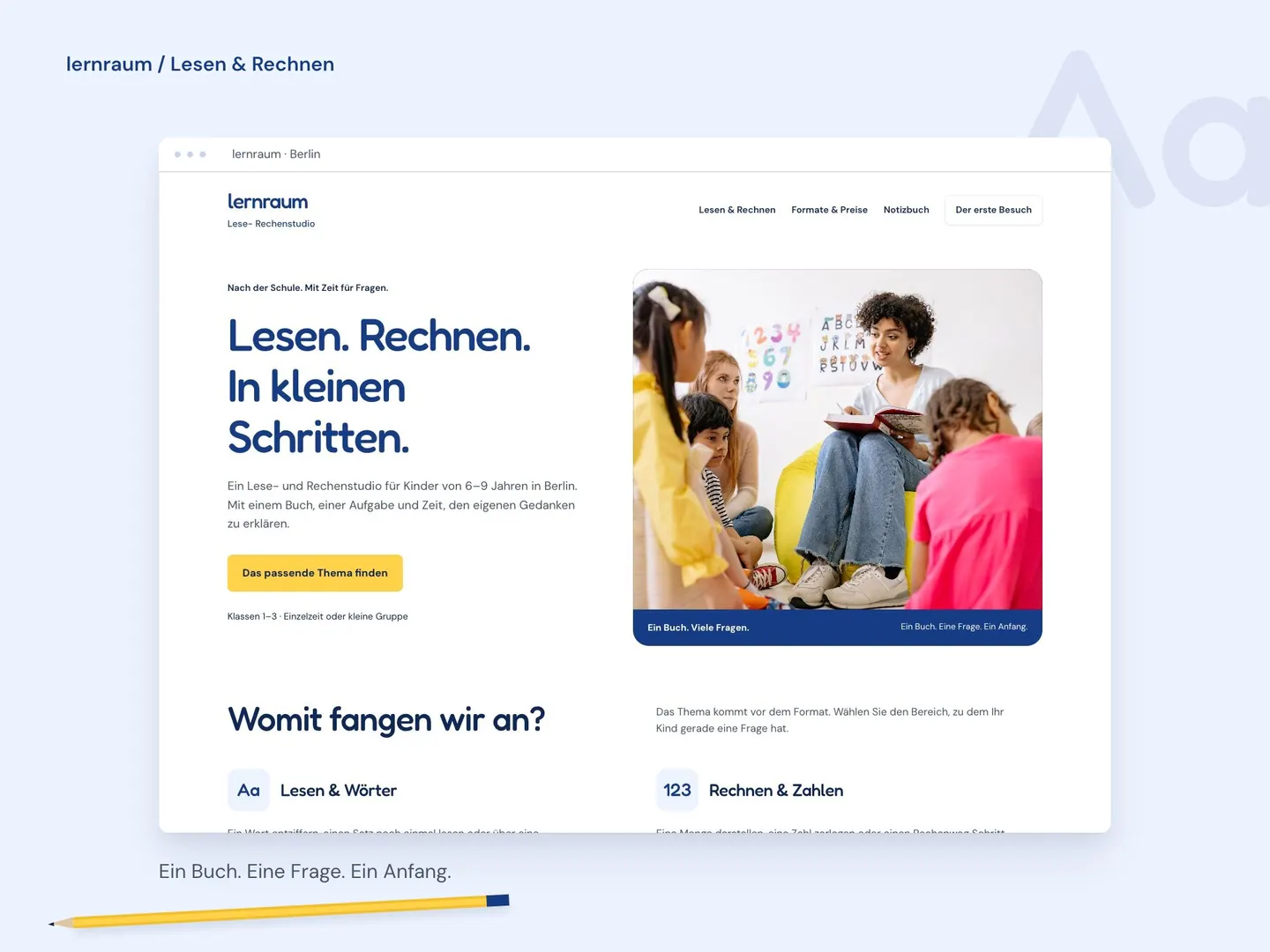 Lernraum website layout showing a tutoring photograph, a specific offer and a contact action