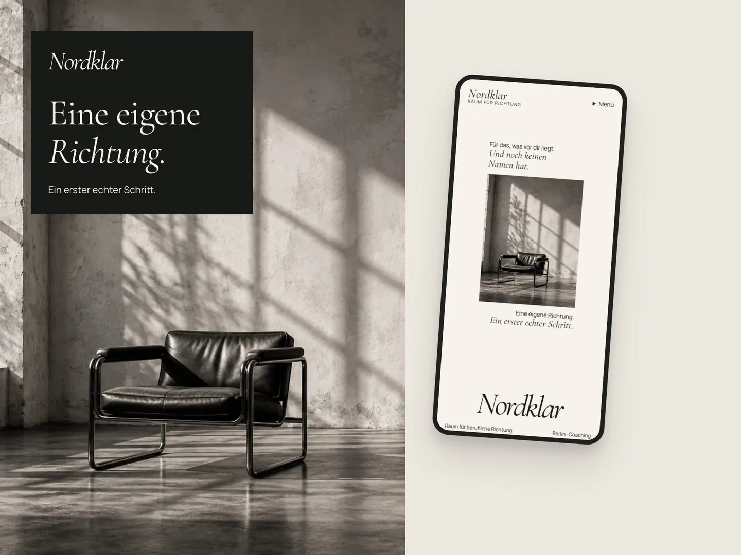 Nordklar mobile website beside a photograph of a chair in a sunlit room