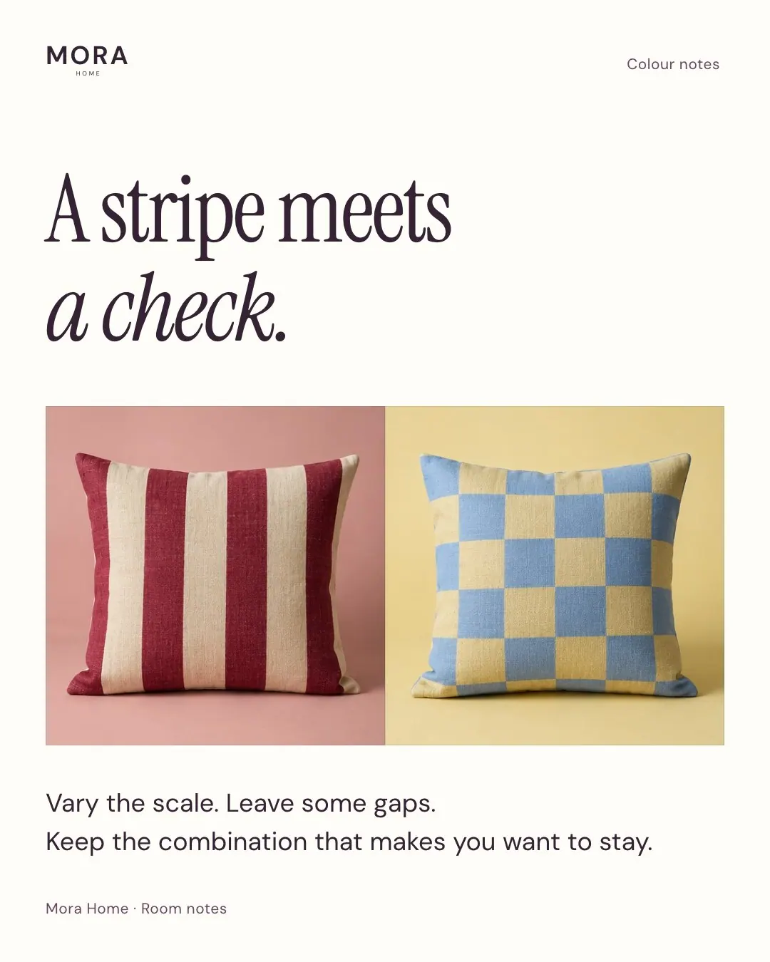 Mora Home portrait social post comparing striped and checked cushions