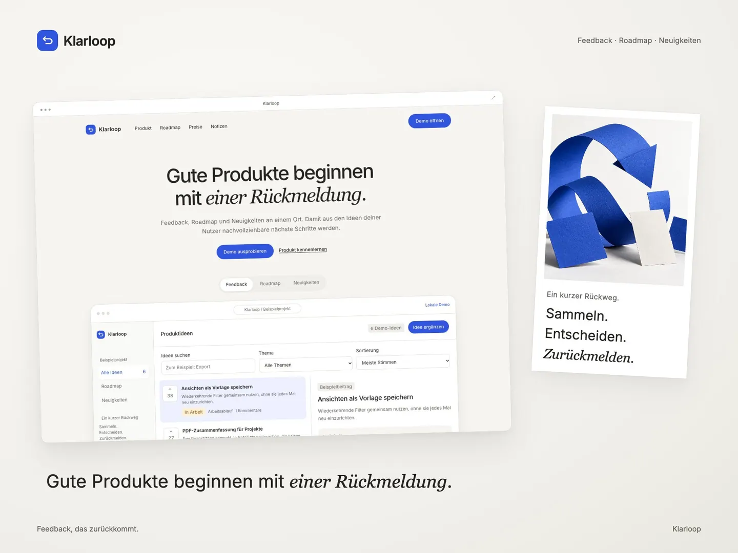 Klarloop website layout with a product interface and two distinct action buttons